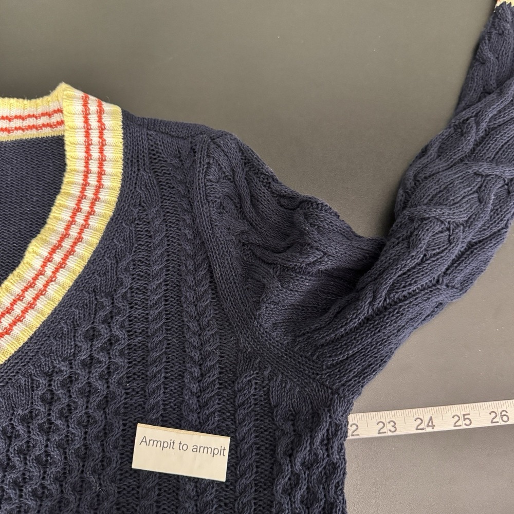 Talbots Cricket V Neck Sweater L Petite Navy Linen Blend Cable Knit Old Money - Picture 7 of 9